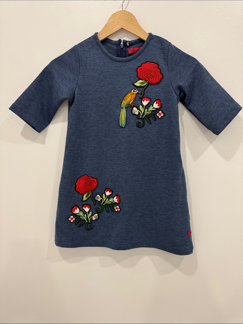 Peppermint Embroidered Dress Kids Size 6 Blue Excellent Bird Floral Shift